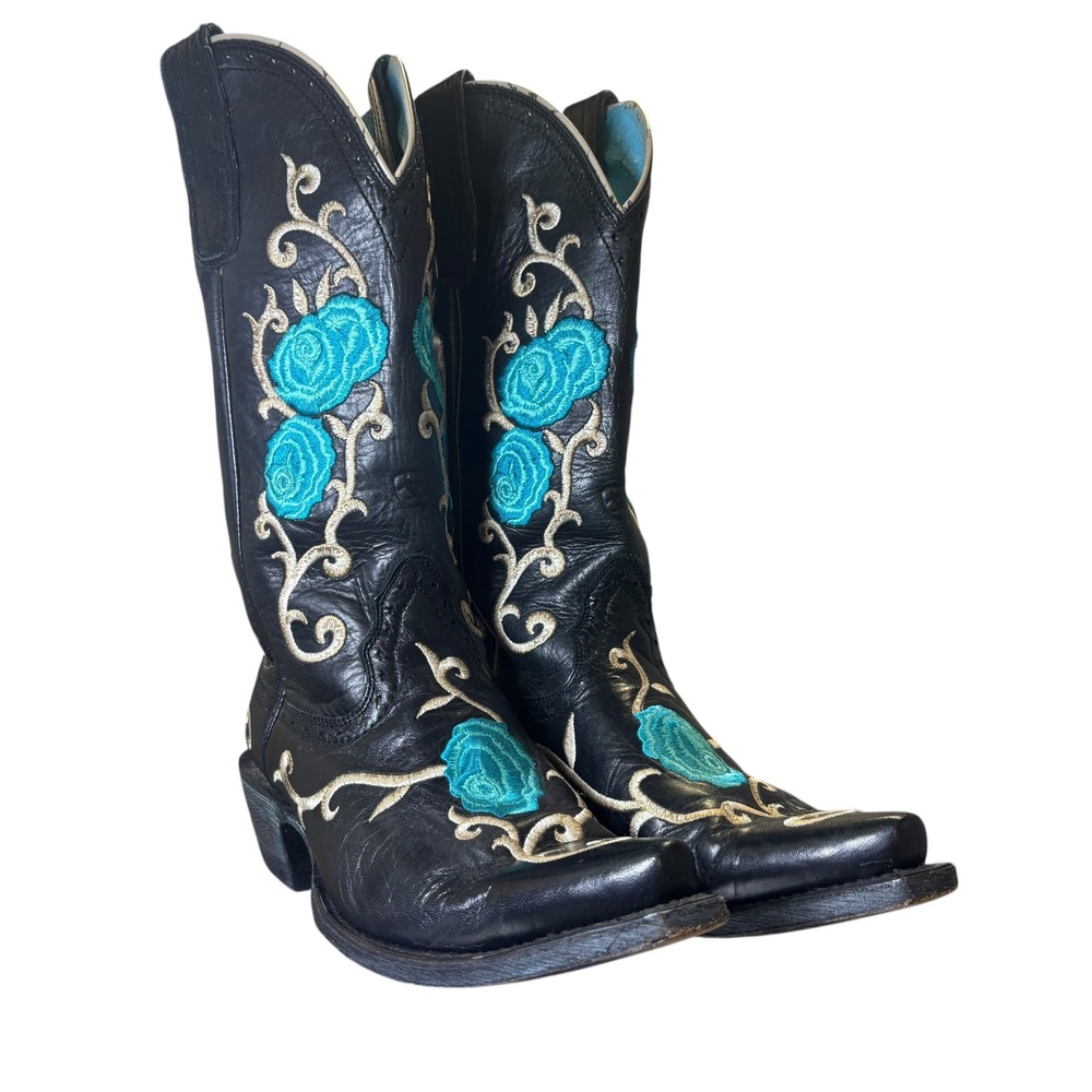 Ariat Black Leather Turquoise Floral Embroidered Snip Toe Western Boots 7 B - Picture 2 of 14
